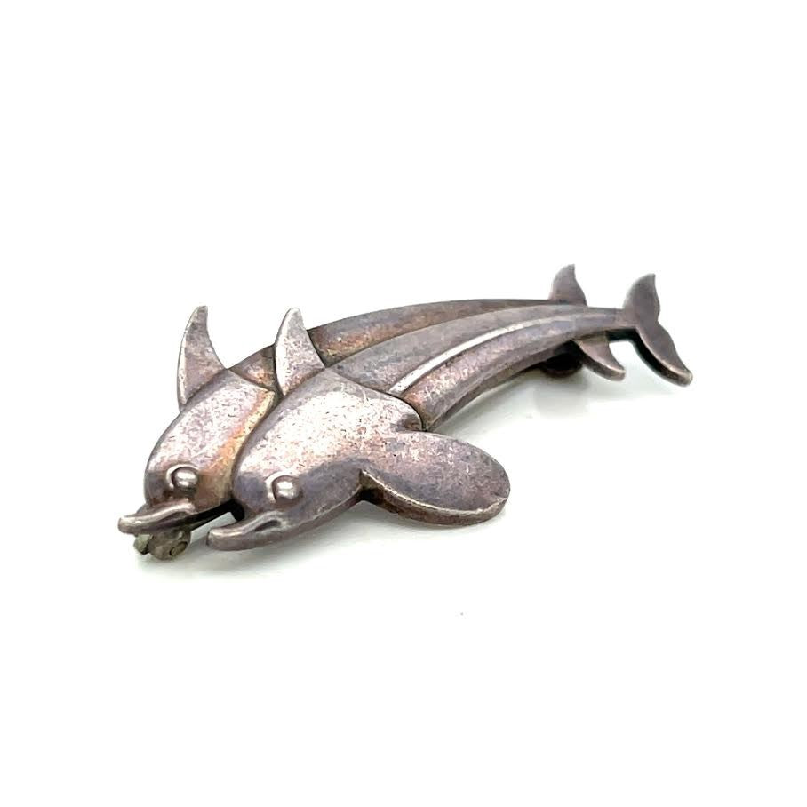 Georg Jensen Denmark Design #317 Sterling Silver Two Dolphin Vintage Brooch Pin — view 2