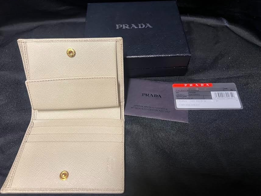 Prada Saffiano Bifold Leather Verticle Card Holder Compact Wallet Cream/gold (view 15)