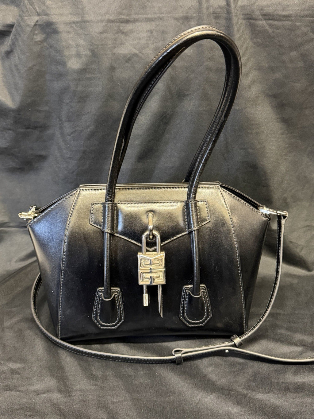 Givenchy Mini Antigona Lock Leather Satchel with Crossbody Strap Black (view 1)