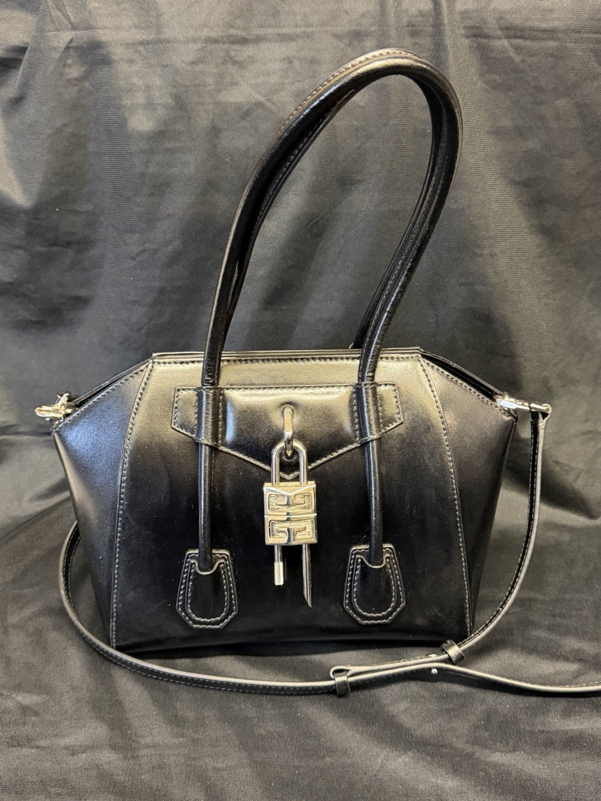 Givenchy Mini Antigona Lock Leather Satchel with Crossbody Strap Black (view 1)