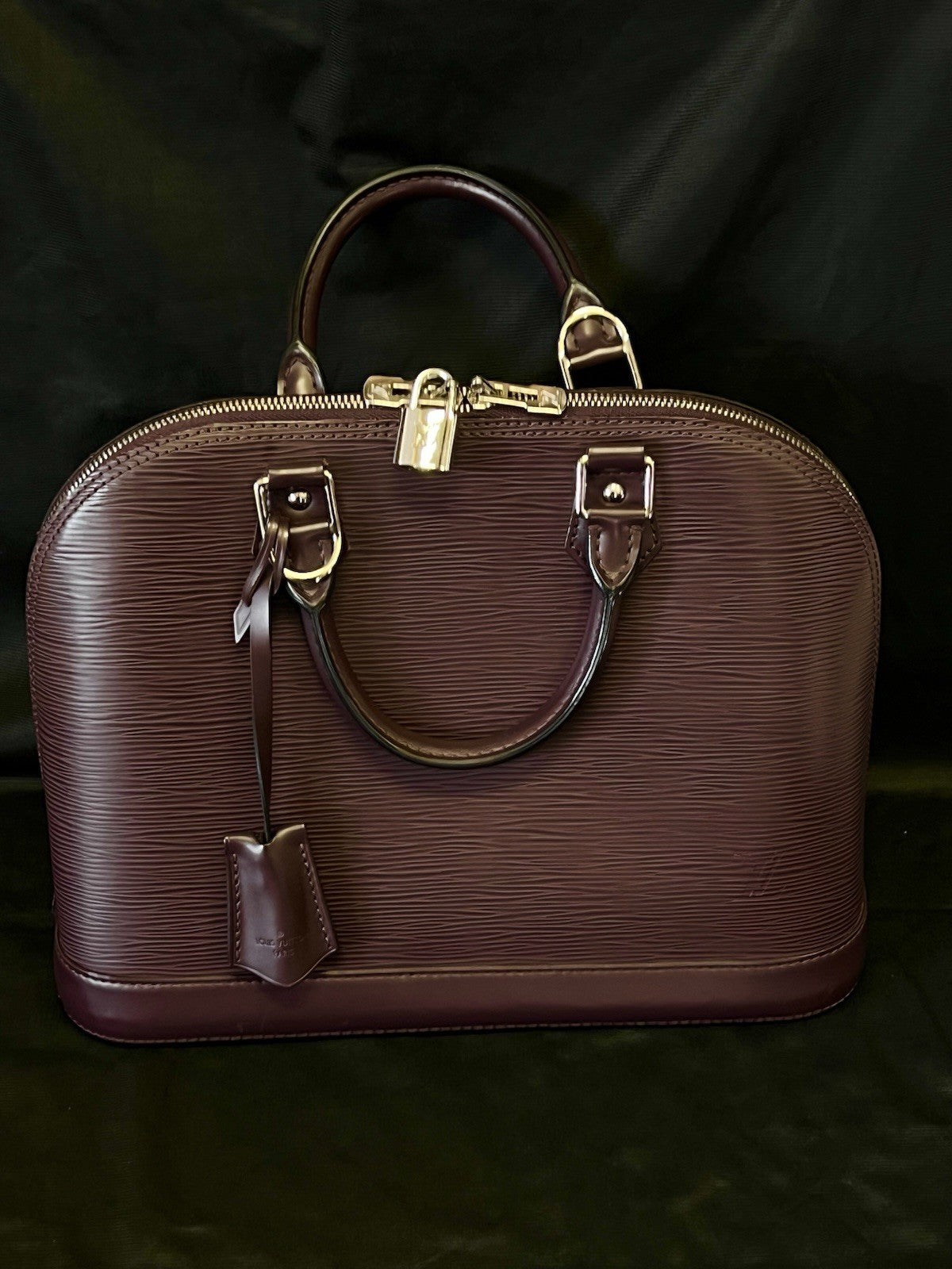 LOUIS VUITTON ALMA PM EPI LEATHER TOP HANDLE BAG LOCK, CLOCHETTE, KEY PLUM — Certified Authentic | San Diego Jewelry Buyers