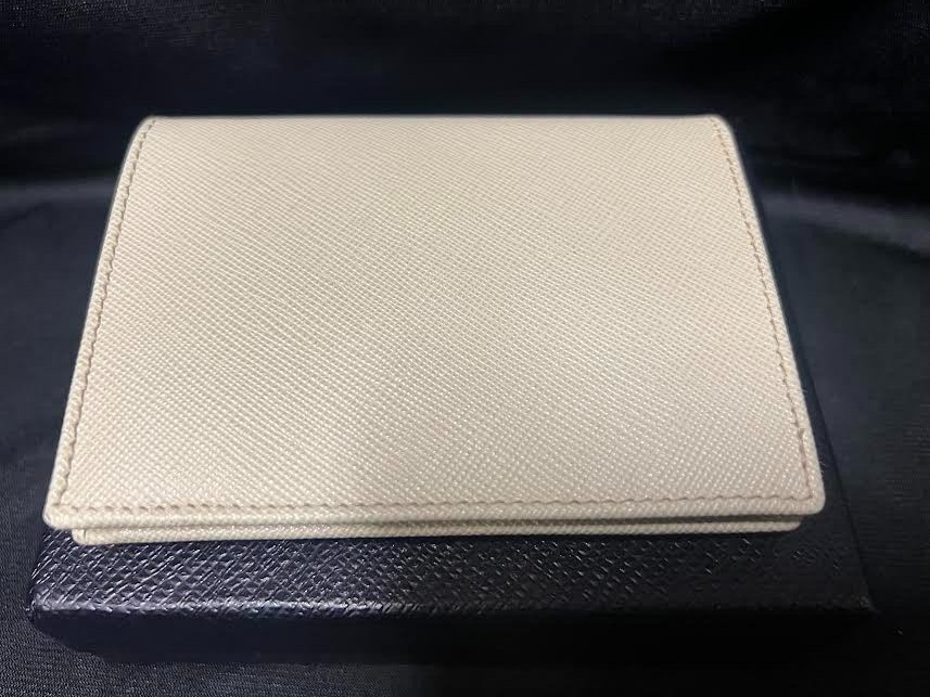 Prada Saffiano Bifold Leather Verticle Card Holder Compact Wallet Cream/gold (view 8)