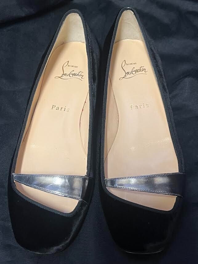 Christian Louboutin Black Velvet Ballerina Flats W Silver Metallic Accent (view 8)