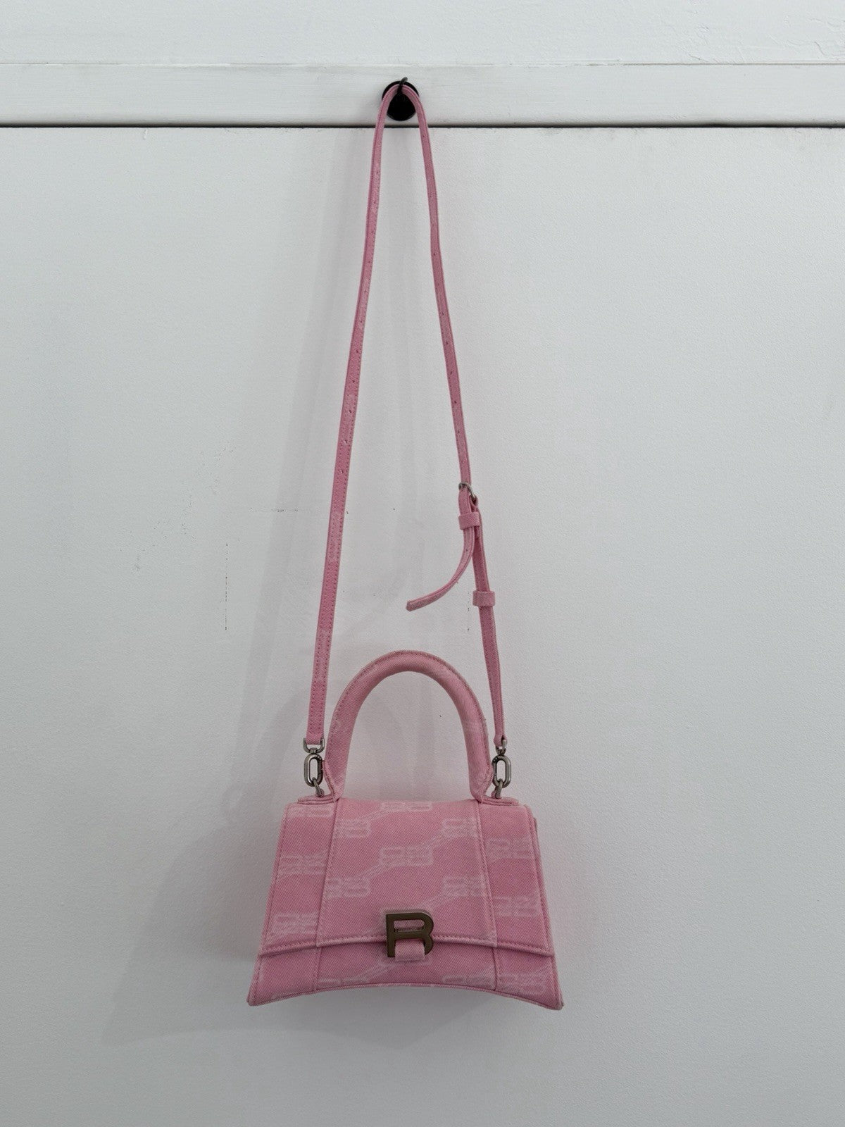 Balenciaga Hourglass Small Handbag BB Monogram Denim Pink Removable Strap (view 16)