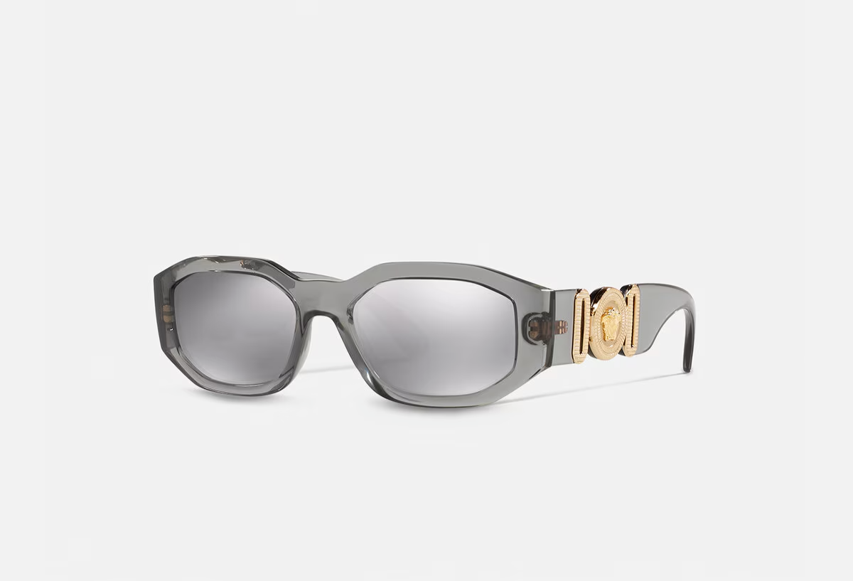 New Versace VE4361 Medusa Biggie Transparent Grey Light Grey Mirror Silver 80 — Certified Authentic | San Diego Jewelry Buyer