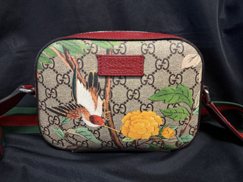 Gucci GG Supreme Tian Coated Canvas Crossbody Red Trim, Bird/Floral Pattern (view 1)