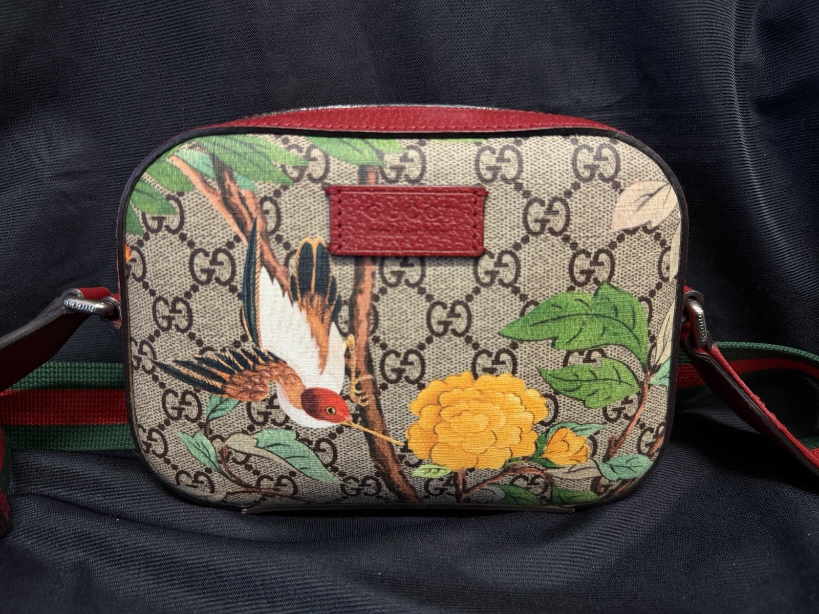 Gucci GG Supreme Tian Coated Canvas Crossbody Red Trim, Bird/Floral Pattern — Certified Authentic | San Diego Jewelry Buyers