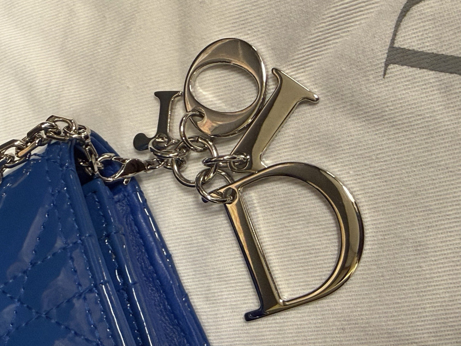 Christian Dior Lady Dior Pouch Wallet on Chain Patent Leather Blue/Silver — view 15