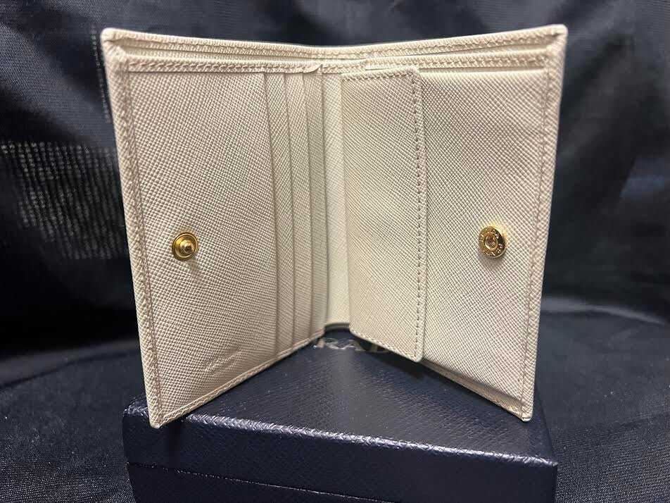 Prada Saffiano Bifold Leather Verticle Card Holder Compact Wallet Cream/gold (view 5)