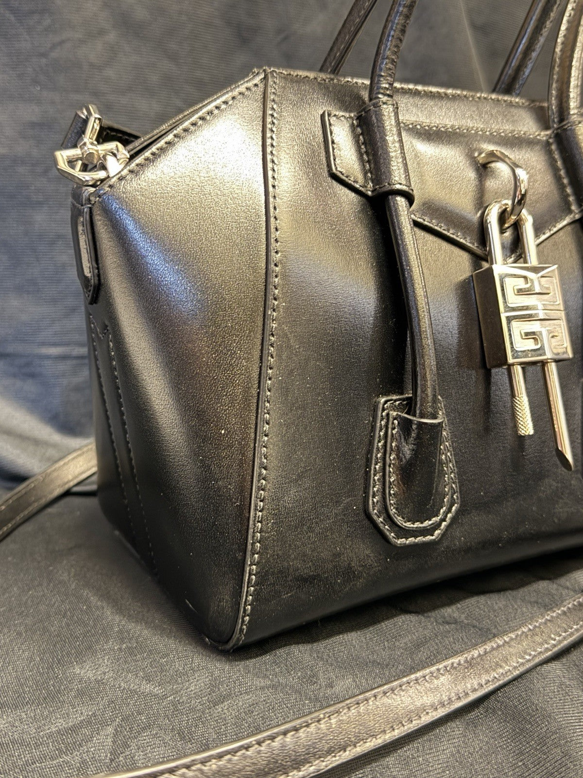 Givenchy Mini Antigona Lock Leather Satchel with Crossbody Strap Black (view 12)