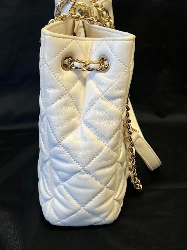 Chanel Small Shopping Tote Quilted Leather Chain Link Double Shouler Strap White (view 5)