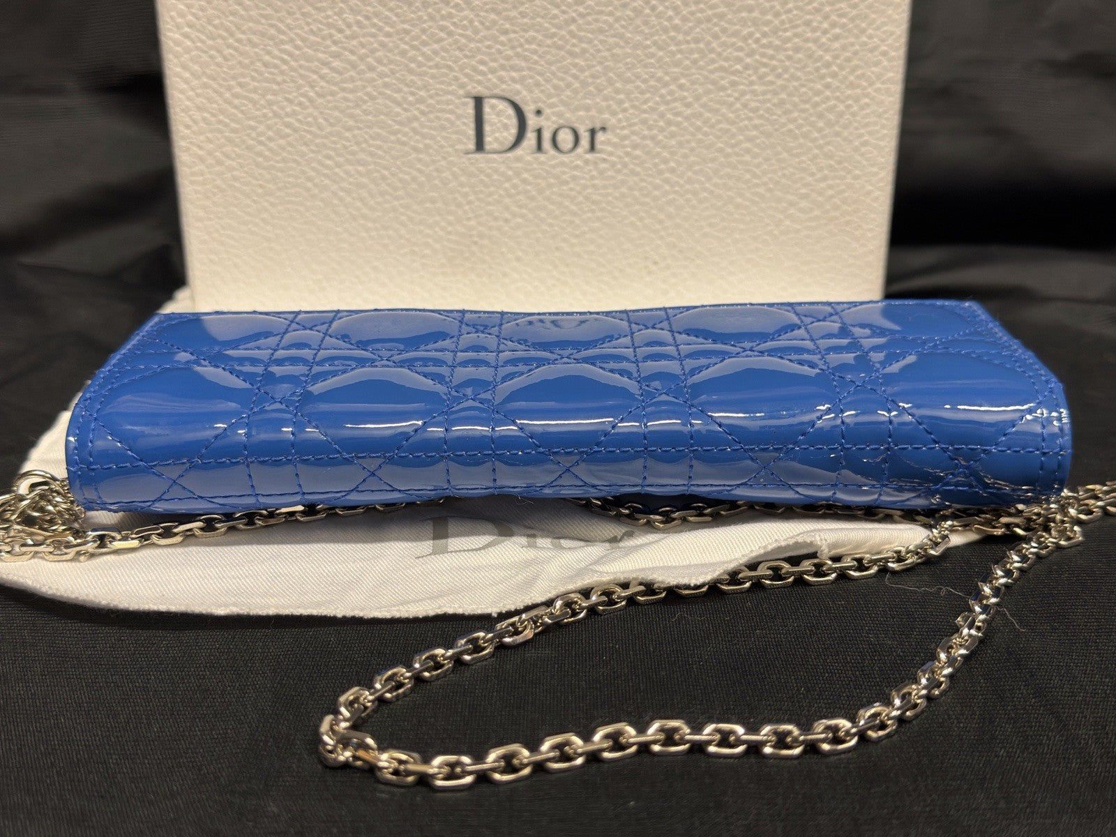 Christian Dior Lady Dior Pouch Wallet on Chain Patent Leather Blue/Silver — view 8