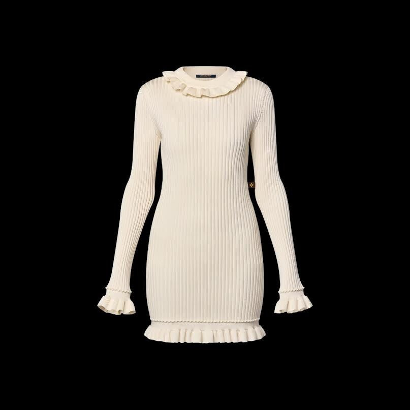 LOUIS VUITTON RUFFLE TRIM RIBBED KNIT DRESS LONG SLEEVE MILKY WHITE - SIZE XS0