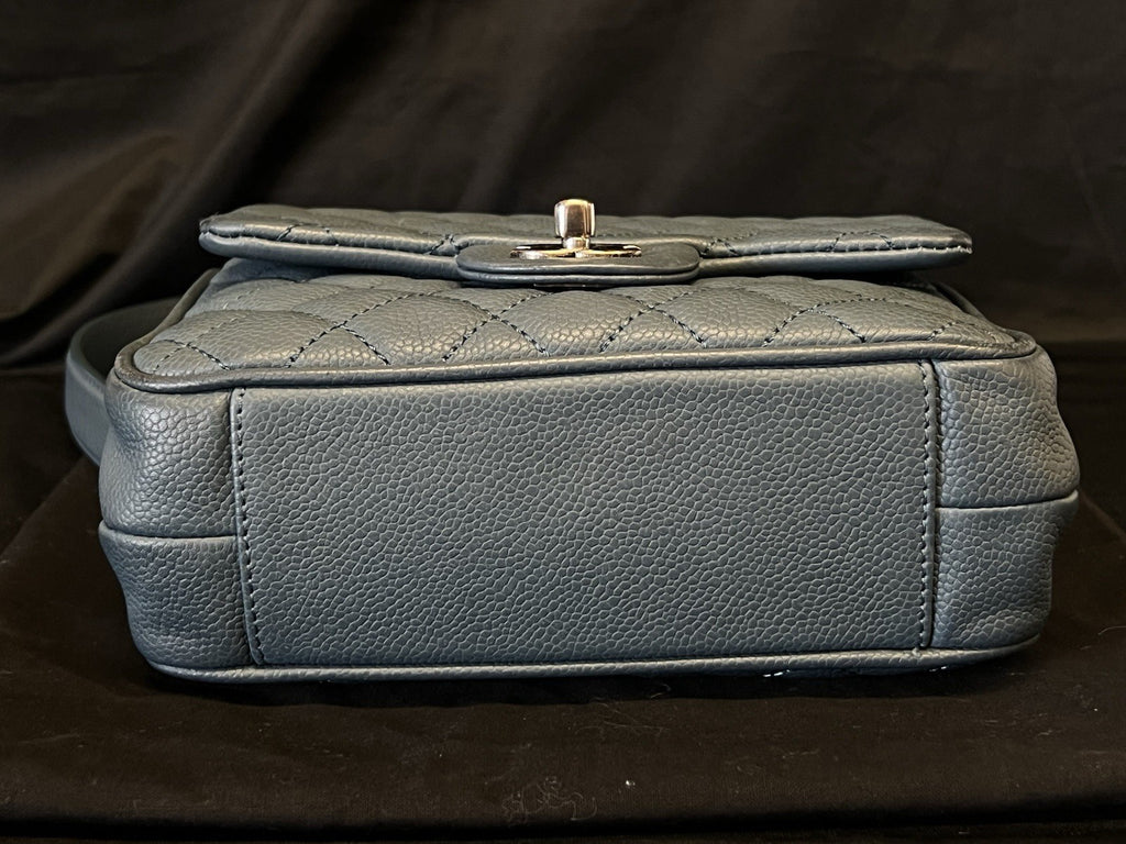 Chanel Small Crossbody Bag Qulted Leather W Chain Strap Blue & Dust Bag (view 5)