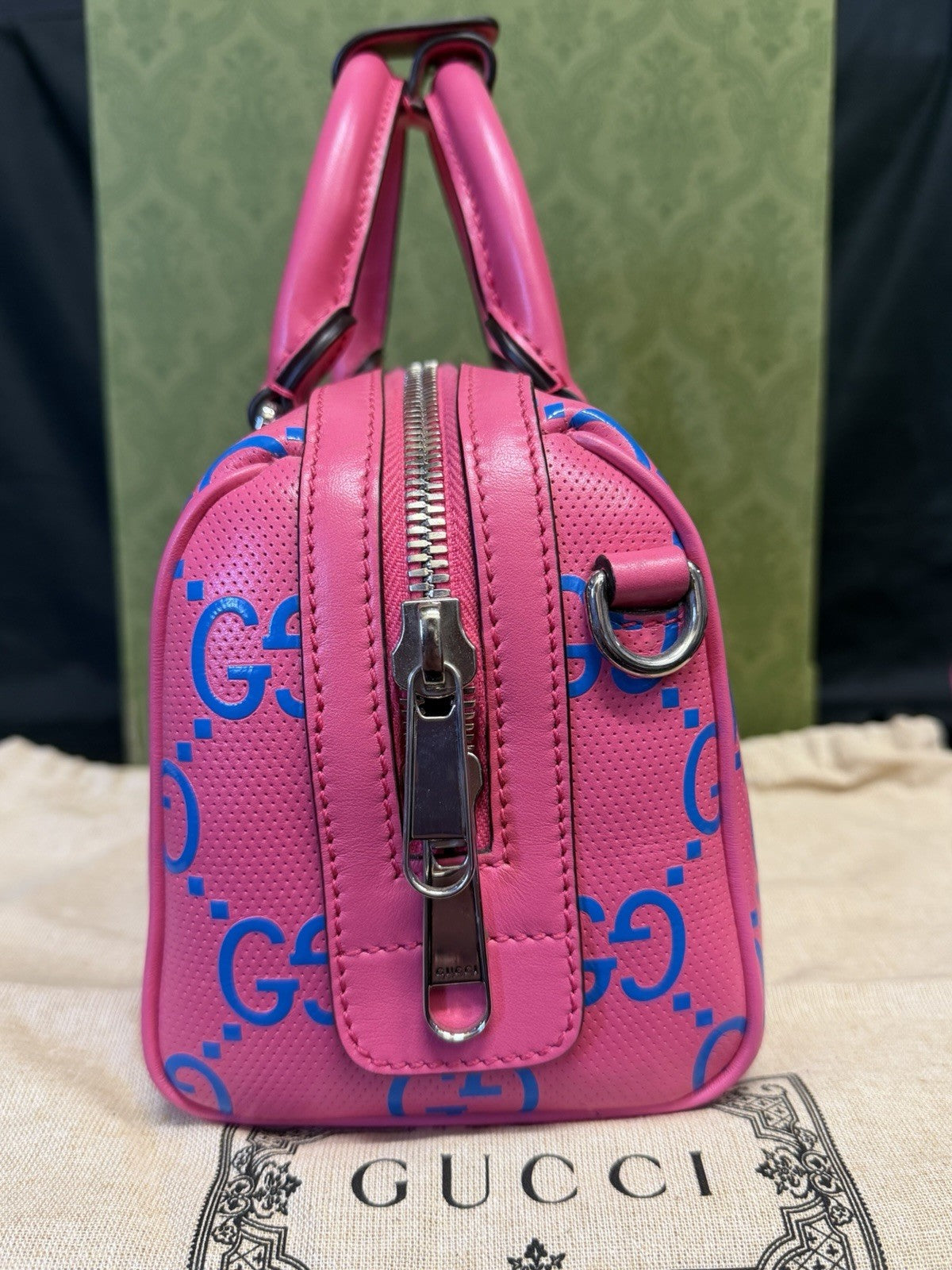Gucci GG Tennis Bi-color Perforated Mini Duffle Bag Fushia/Blue Leather — view 4