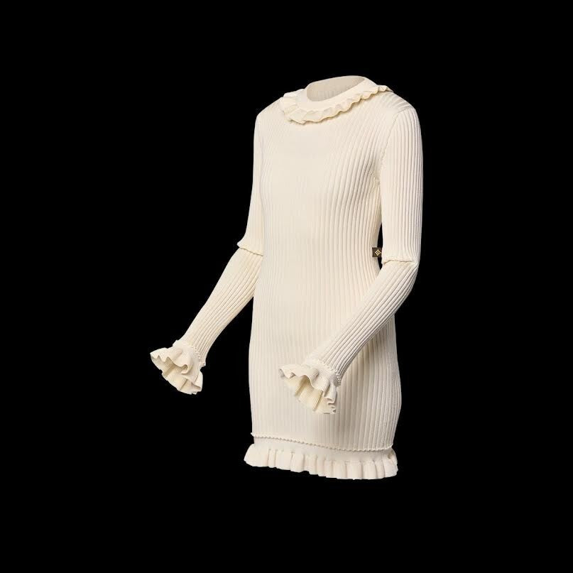 LOUIS VUITTON RUFFLE TRIM RIBBED KNIT DRESS LONG SLEEVE MILKY WHITE - SIZE XS2