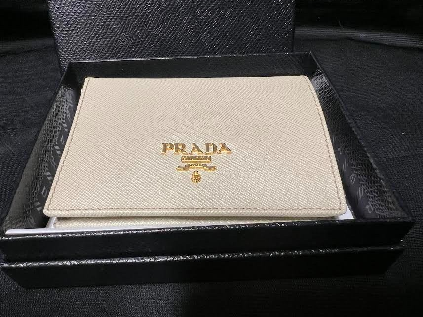 Prada Saffiano Bifold Leather Verticle Card Holder Compact Wallet Cream/gold (view 3)