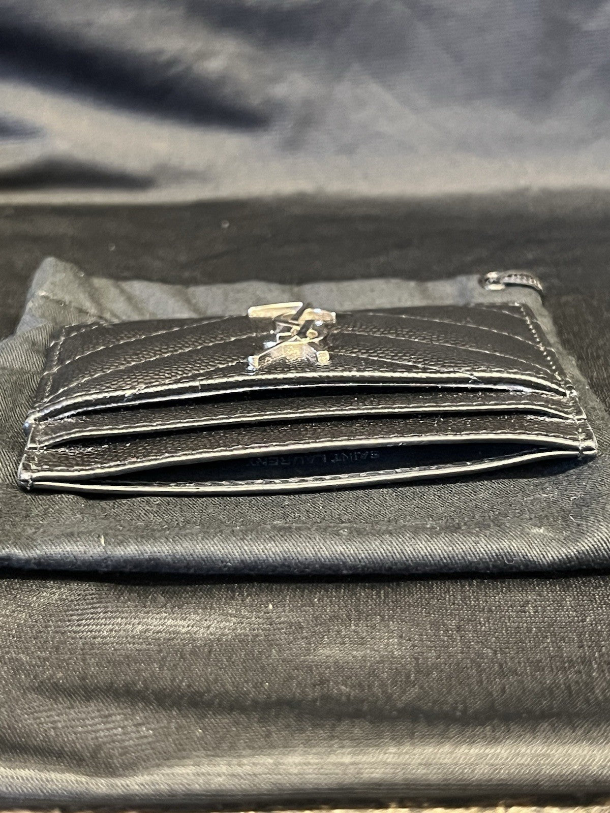 SAINT LAURENT YSL Leather Cassandre Matelasse Card Case Holder (Black/Silver) (view 7)