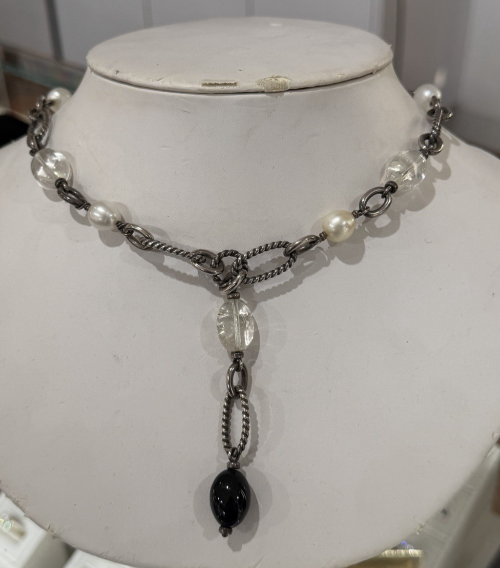 David Yurman Sterling Silver Pearl Onxy Chain Lariat Necklace 16 in/2.5 in drop — Certified Authentic | San Diego Jewelry Buy