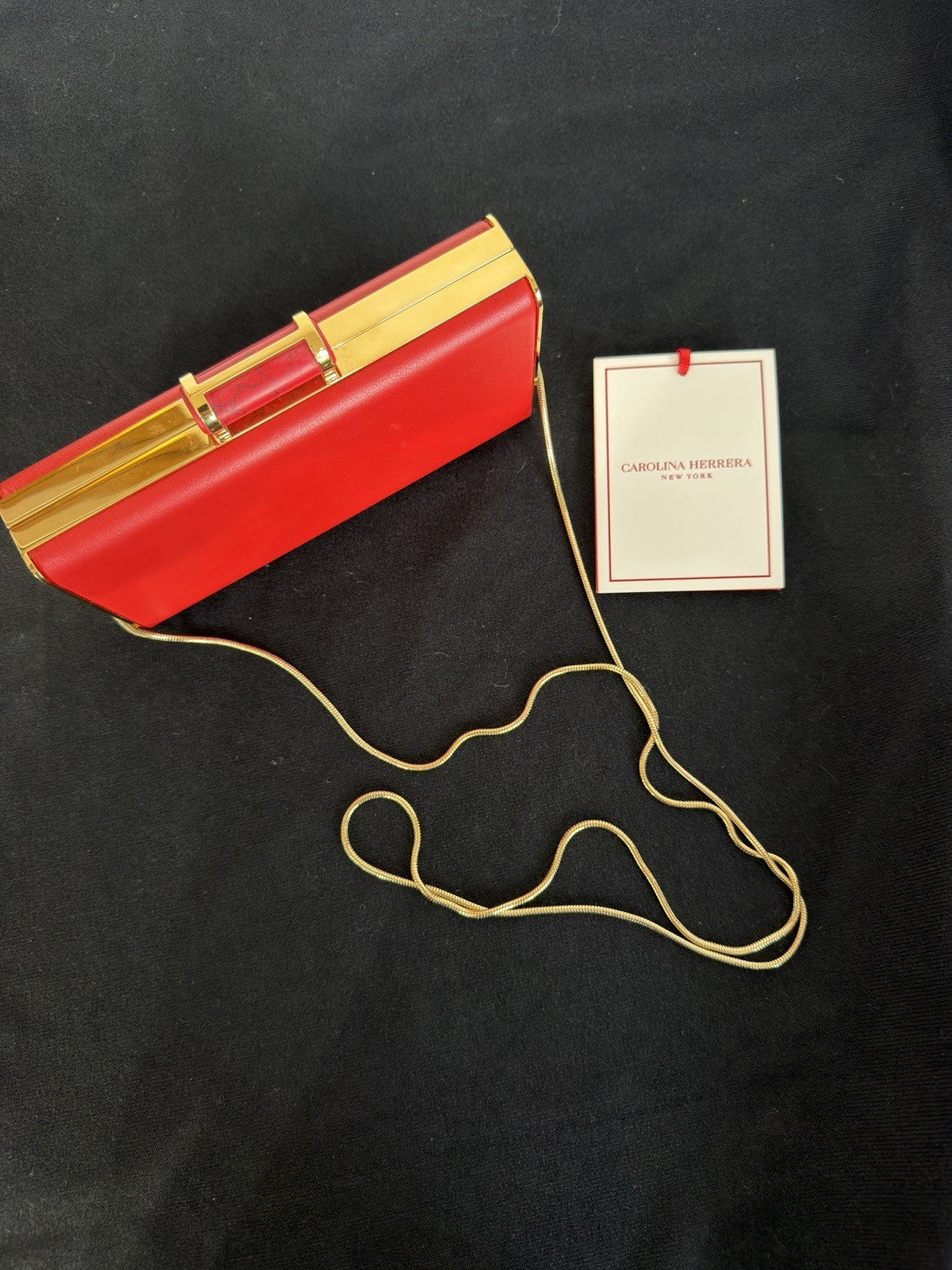 Carolina Herrera Scala Insignia Small Clutch Red/Gold w Chain Strap (view 12)