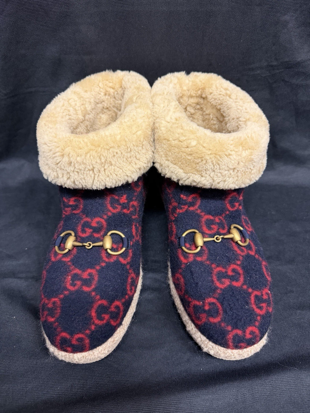 Gucci Fria Ankle Boot Navy/Red Wool Gold Horsebit Shearling Lined Size 81