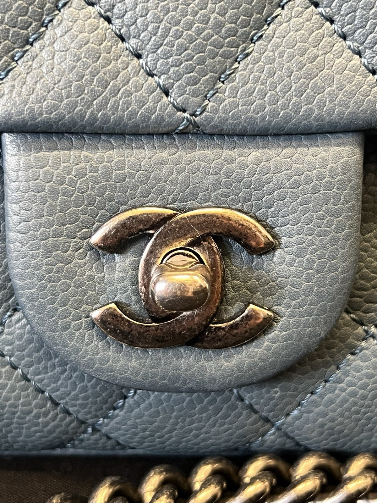 Chanel Small Crossbody Bag Qulted Leather W Chain Strap Blue & Dust Bag (view 9)