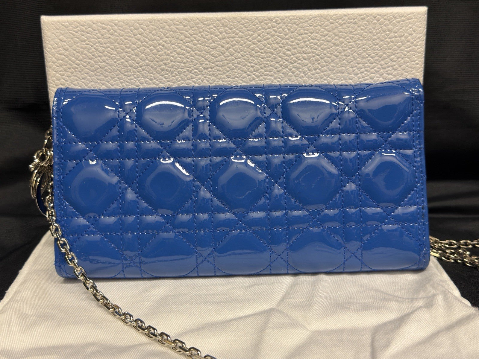Christian Dior Lady Dior Pouch Wallet on Chain Patent Leather Blue/Silver — view 5
