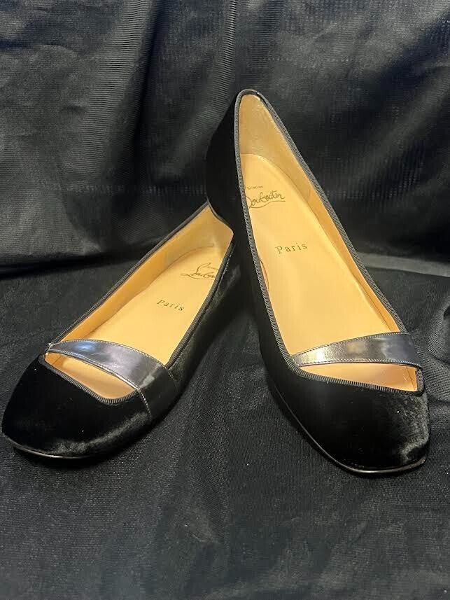 Christian Louboutin Black Velvet Ballerina Flats W Silver Metallic Accent (view 2)