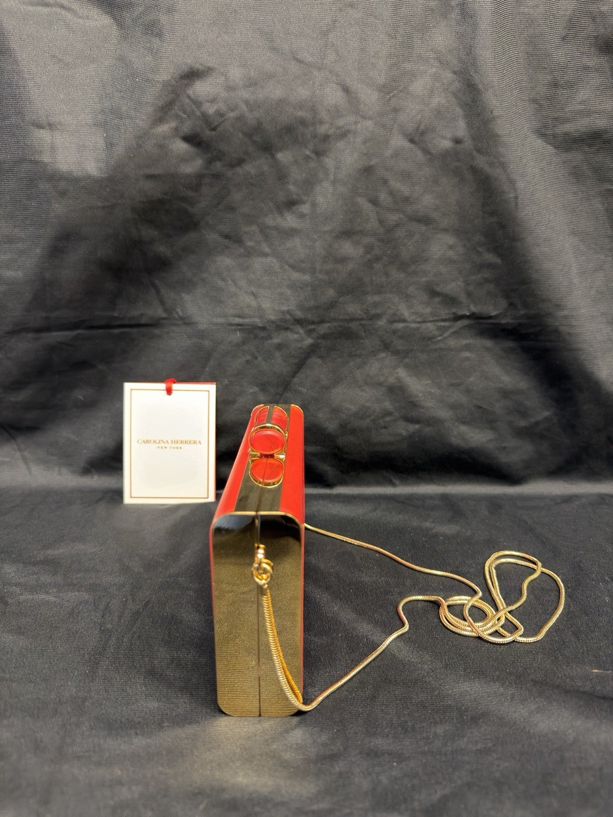 Carolina Herrera Scala Insignia Small Clutch Red/Gold w Chain Strap (view 5)