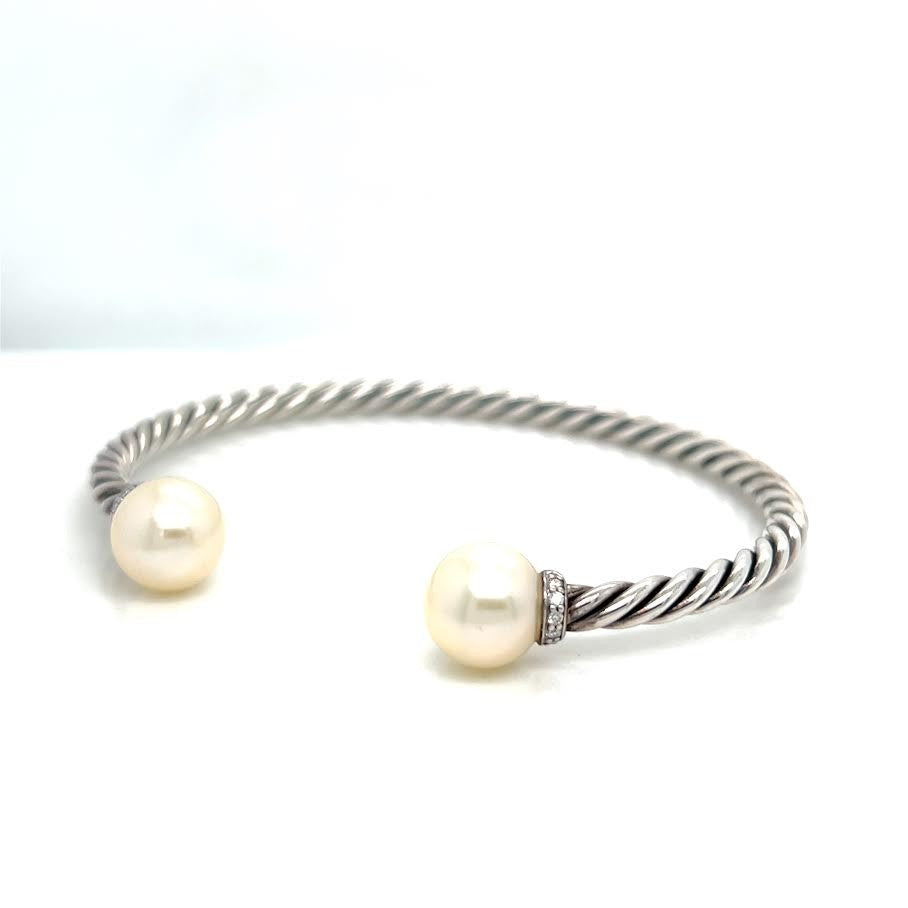 David Yurman Sterling Silver 925 Solari Bracelet with Pearls & Diamonds Size M. — view 7