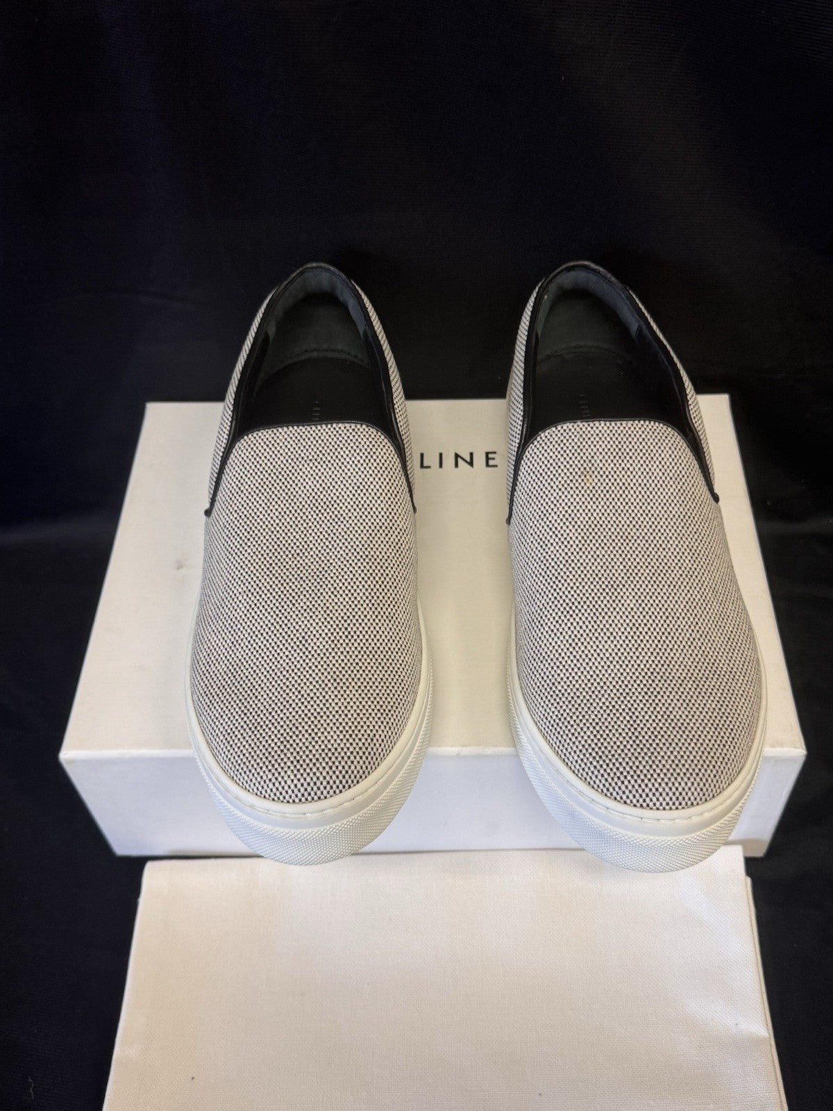 CELINE NAPPA BLACK & WHITE SLIP-ON SNEAKERS 345131 SIZE US 8.5 / EU 38.51