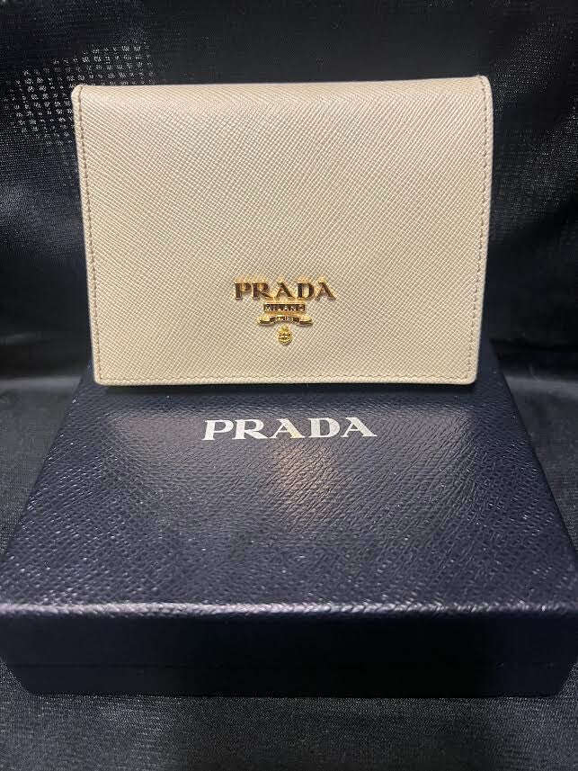 Prada Saffiano Bifold Leather Verticle Card Holder Compact Wallet Cream/gold (view 4)