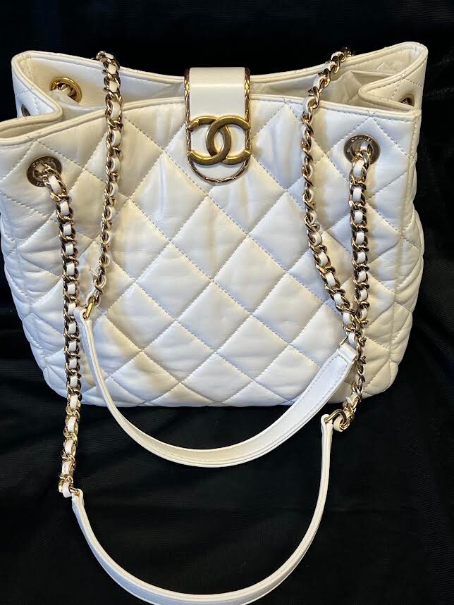 Chanel Small Shopping Tote Quilted Leather Chain Link Double Shouler Strap White (view 1)
