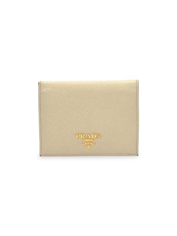 Prada Saffiano Bifold Leather Verticle Card Holder Compact Wallet Cream/gold (view 1)