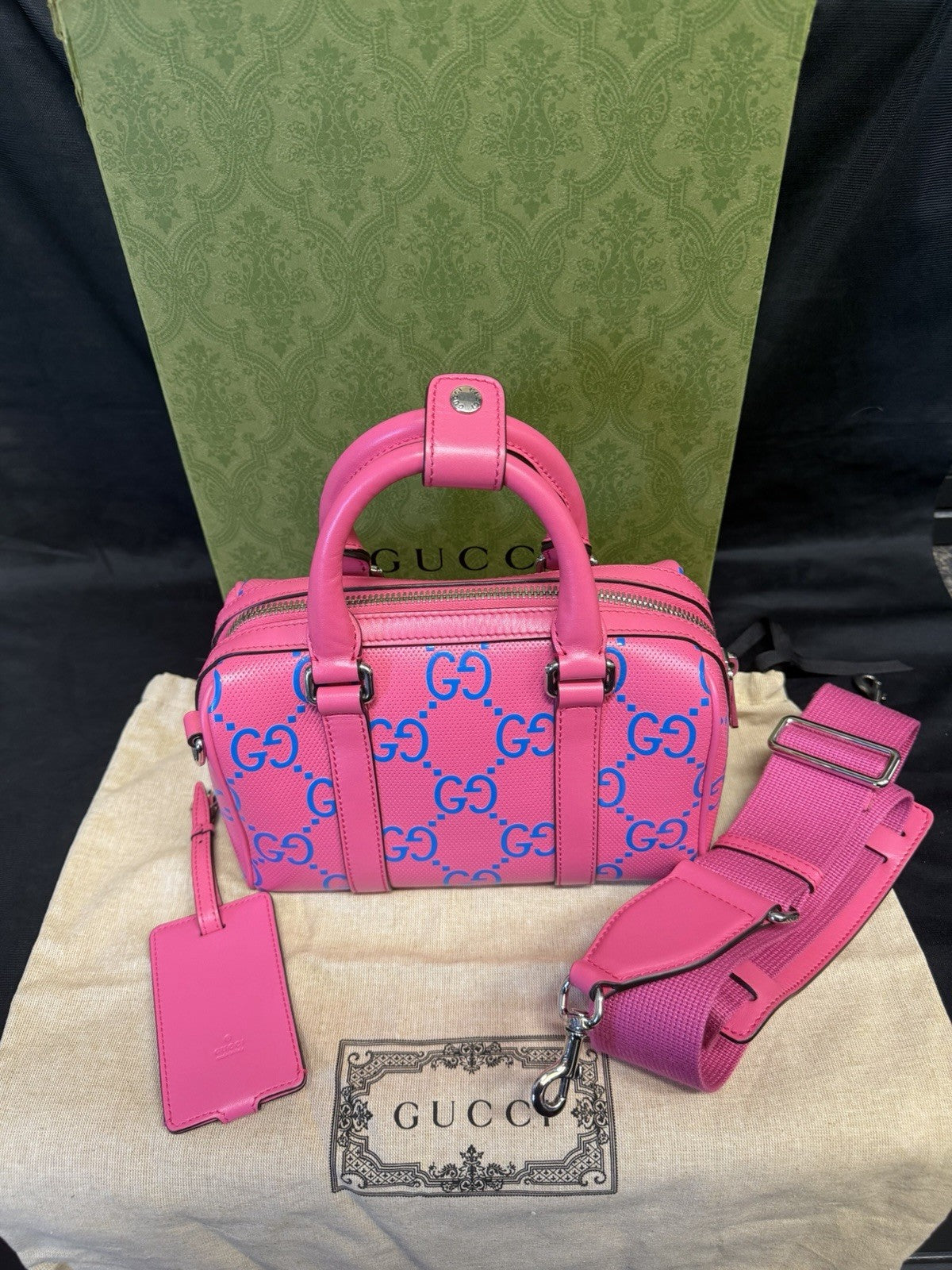 Gucci GG Tennis Bi-color Perforated Mini Duffle Bag Fushia/Blue Leather — view 16