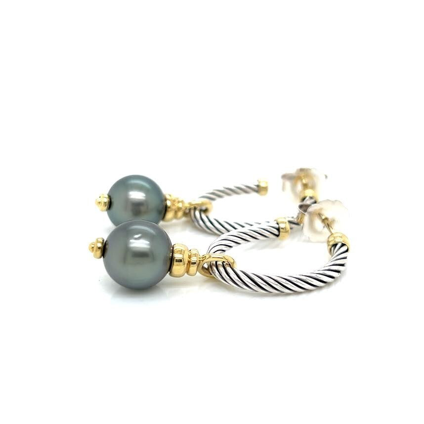 DAVID YURMAN COVERTIBLE DROP HOOP EARRINGS TAHITIAN PEARL SILVER 18K GOLD — view 12