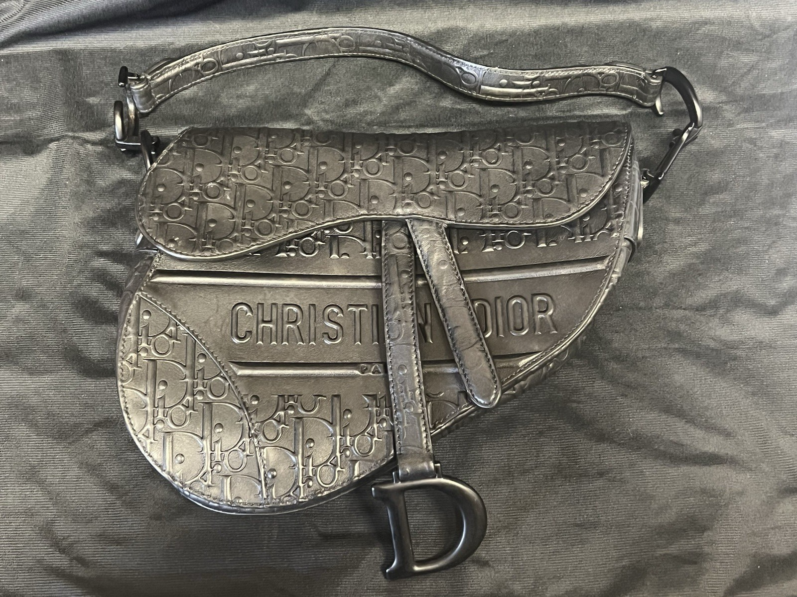CHRISTIAN DIOR BLACK OBLIQUE EMBOSSED CALFSKIN SADDLE BAG — Certified Authentic | San Diego Jewelry Buyers