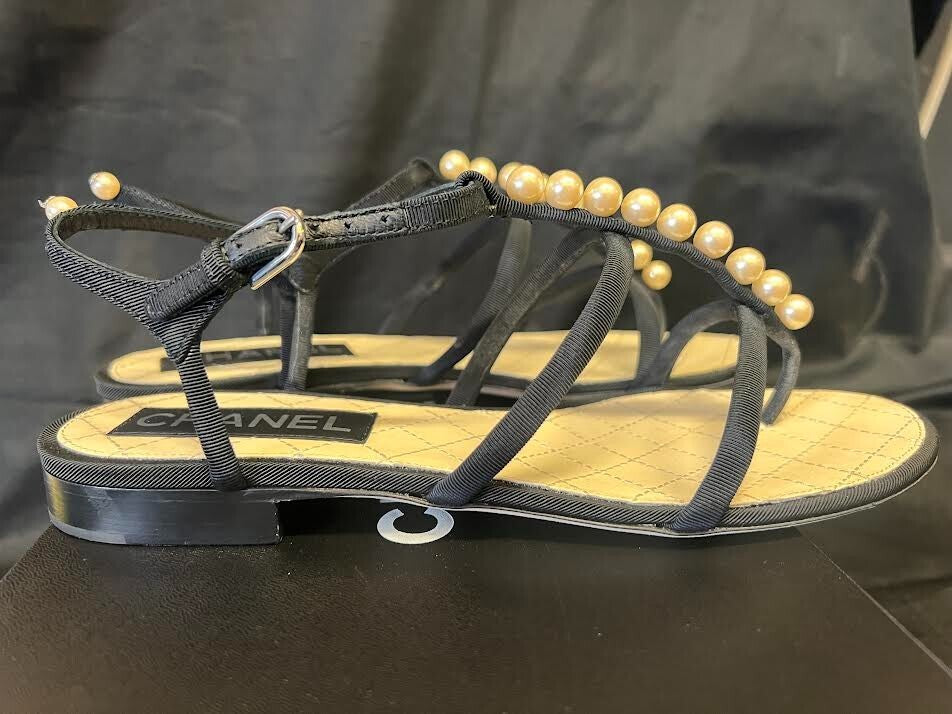 CHANEL FAUX PEARL THONG BLACK SANDALS W BUCKLE ANKLE STRAP SIZE EU 38/ US 74