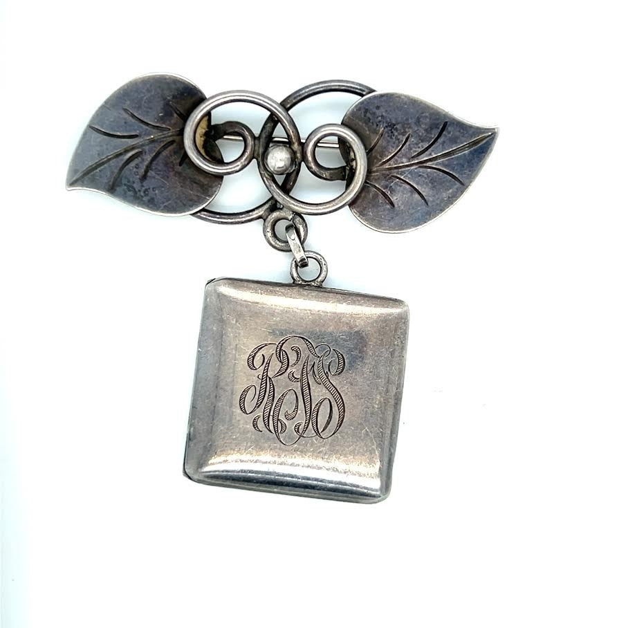 GEORG JENSEN STERLING SILVER HAND WROUGHT LEAF DANGLE LOCKET BROOCH PIN #113 — Certified Authentic | San Diego Jewelry Buyers