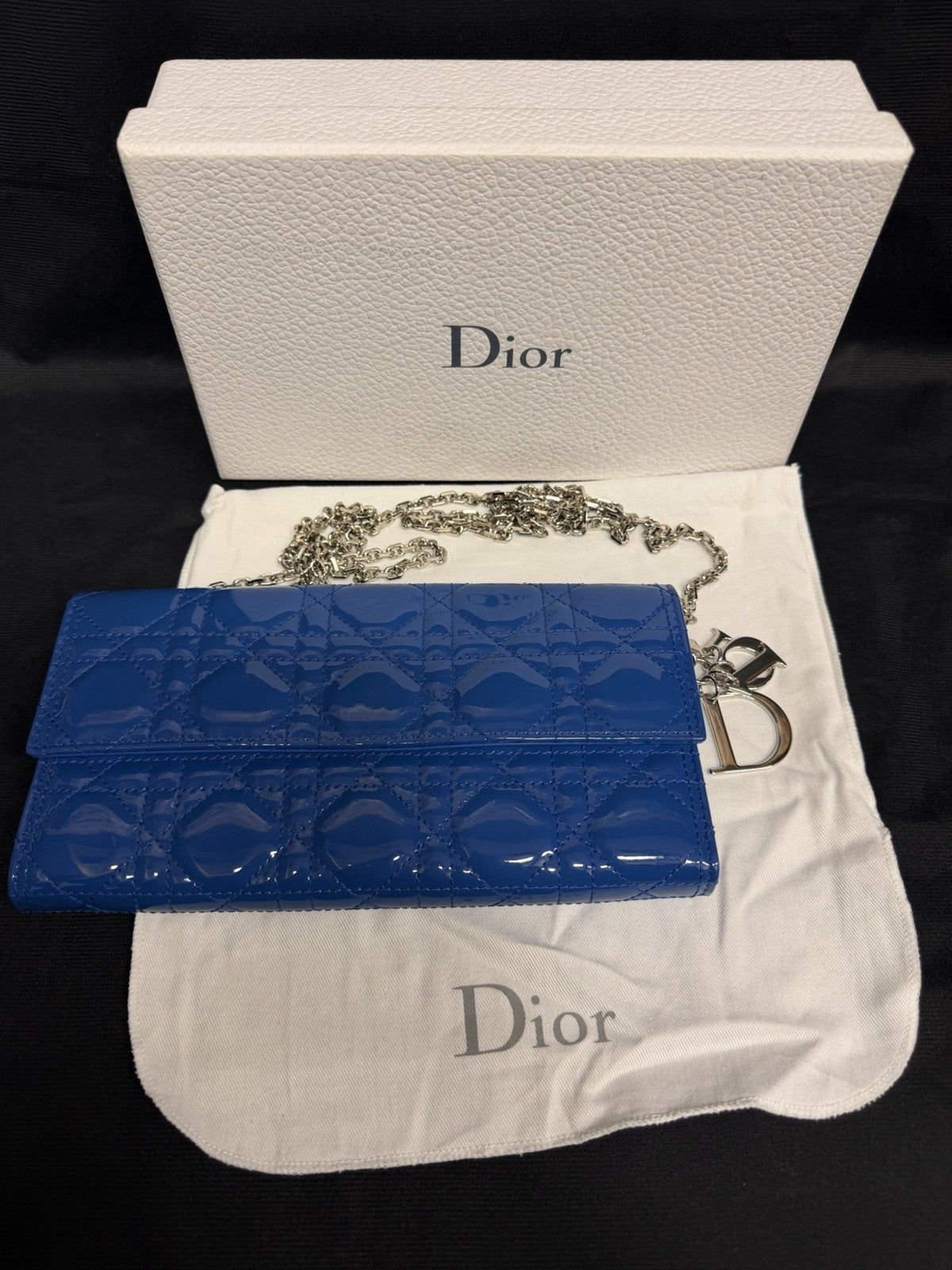 Christian Dior Lady Dior Pouch Wallet on Chain Patent Leather Blue/Silver — view 17