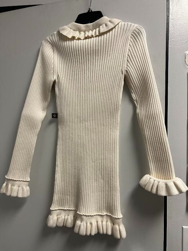 LOUIS VUITTON RUFFLE TRIM RIBBED KNIT DRESS LONG SLEEVE MILKY WHITE - SIZE XS4