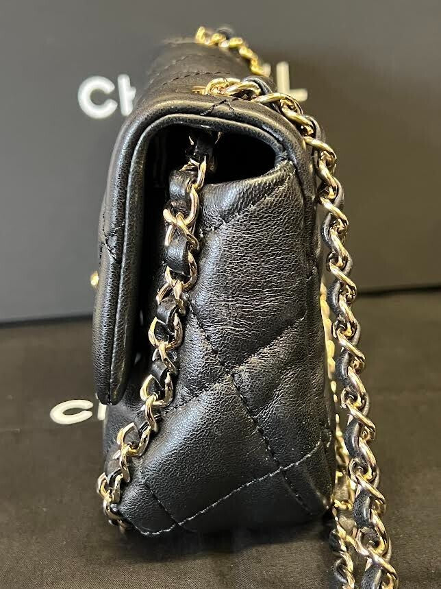 CHANEL CHAIN FRAME FLAP BAG QUILTED BLACK LAMBSKIN CHAIN LINK SHOULDER STRAP — view 4