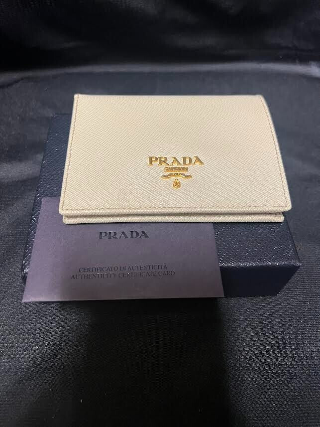 Prada Saffiano Bifold Leather Verticle Card Holder Compact Wallet Cream/gold (view 2)