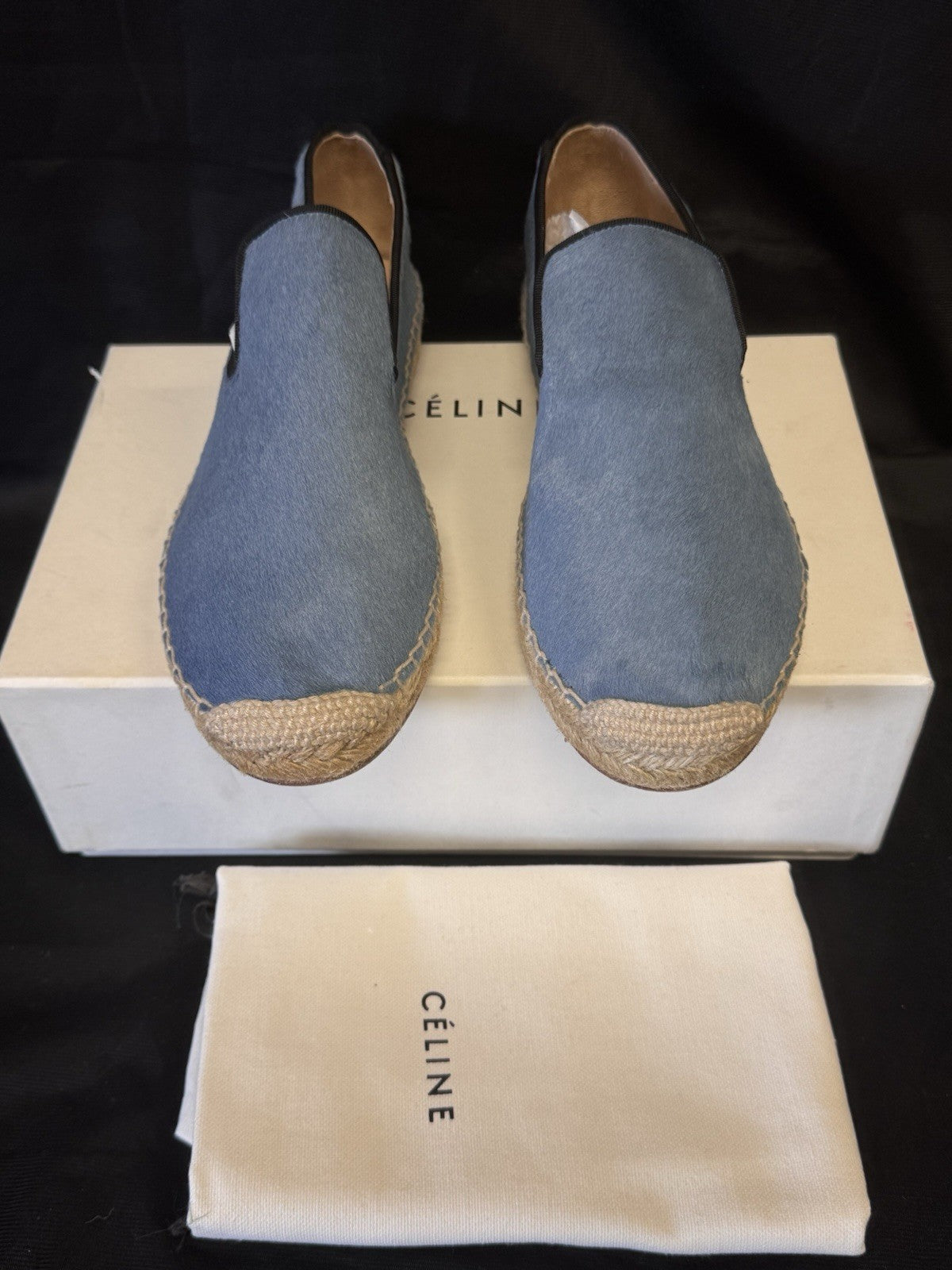 CELINE PLUMBEO ESPADRILLE 335009 SIZE US 8/ EU 38 BLUE PONY-HAIR LOAFERS1