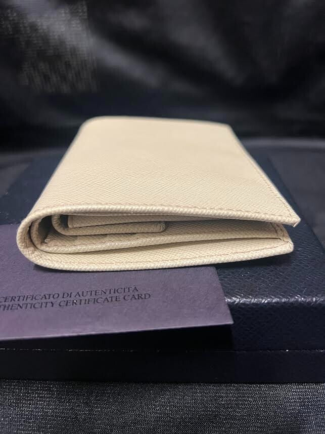 Prada Saffiano Bifold Leather Verticle Card Holder Compact Wallet Cream/gold (view 7)