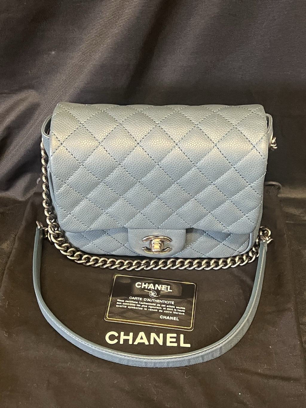 Chanel Small Crossbody Bag Qulted Leather W Chain Strap Blue & Dust Bag (view 11)
