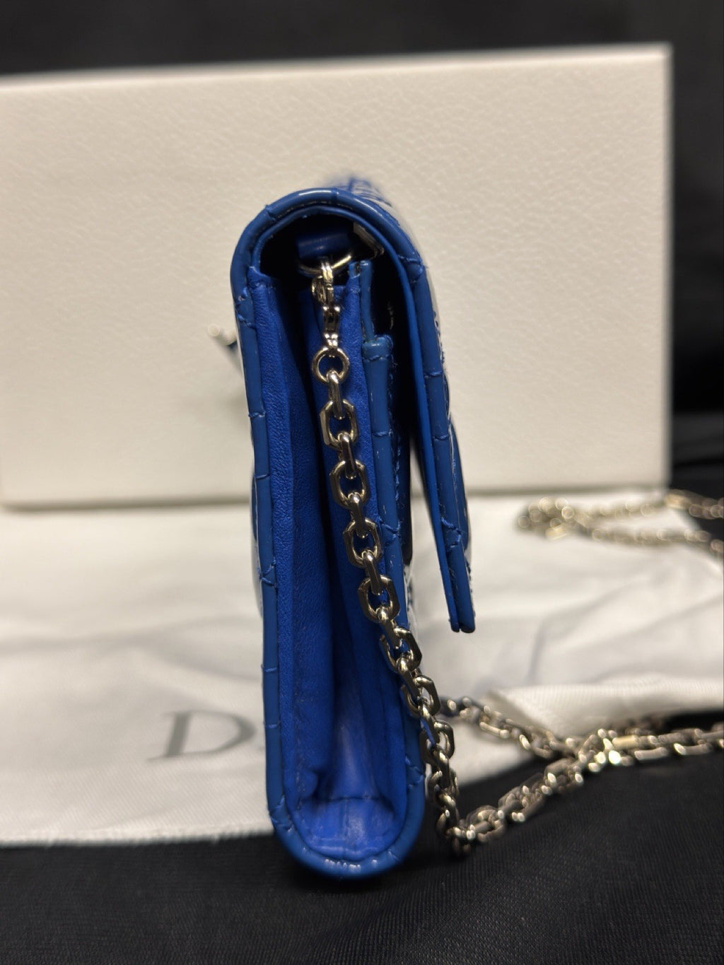 Christian Dior Lady Dior Pouch Wallet on Chain Patent Leather Blue/Silver — view 6