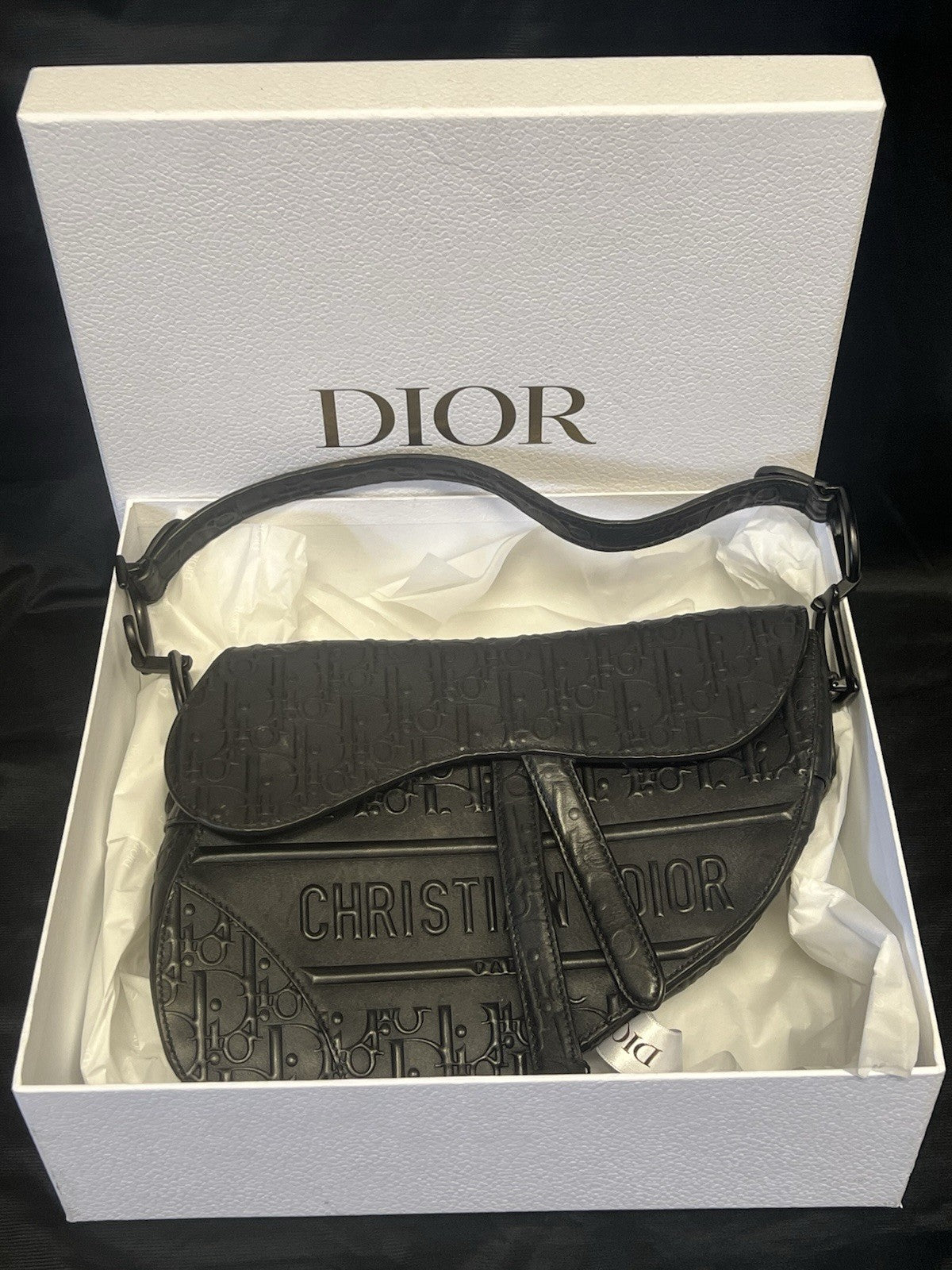 CHRISTIAN DIOR BLACK OBLIQUE EMBOSSED CALFSKIN SADDLE BAG — view 21