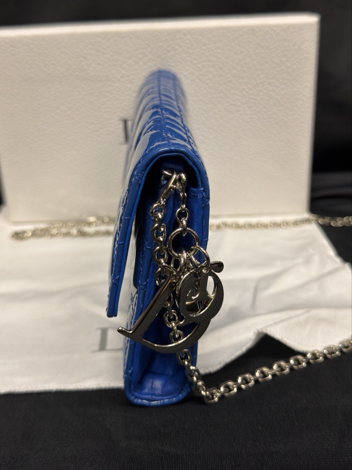 Christian Dior Lady Dior Pouch Wallet on Chain Patent Leather Blue/Silver — view 2