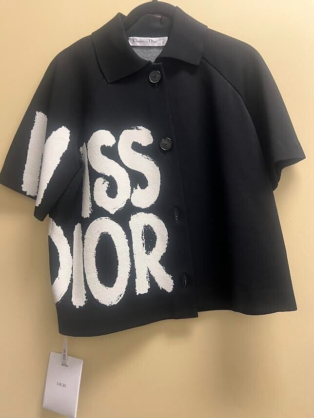 Dior Short-Sleeve Jacket Black Technical Knit w White Miss Dior Graffiti Motif1